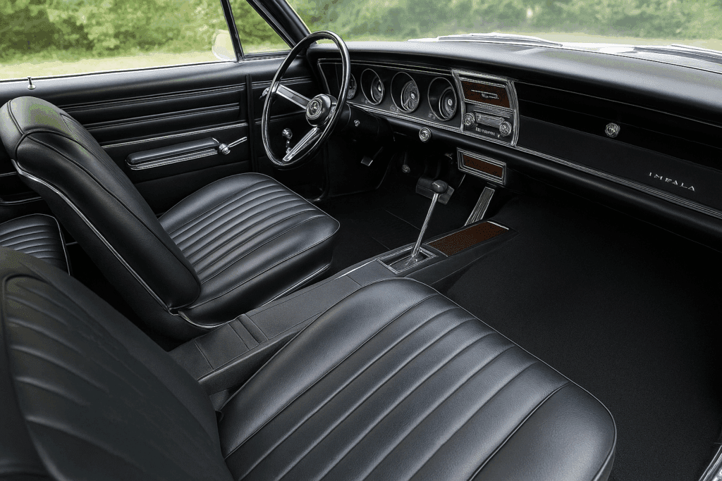 Restored 1967 Chevy Impala interior with new seats, dash pad, and panels.