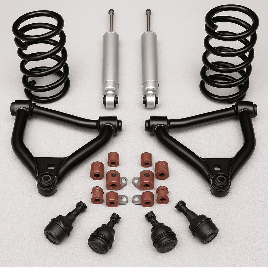 Suspension components for 1967 Chevy Impala including shocks, control arms, and bushings.