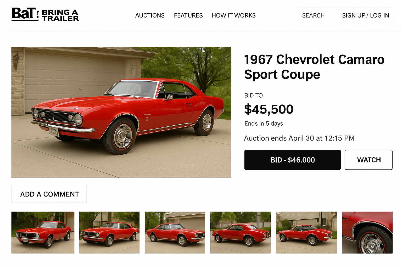 Bring a Trailer auction page featuring a Chevy Camaro.