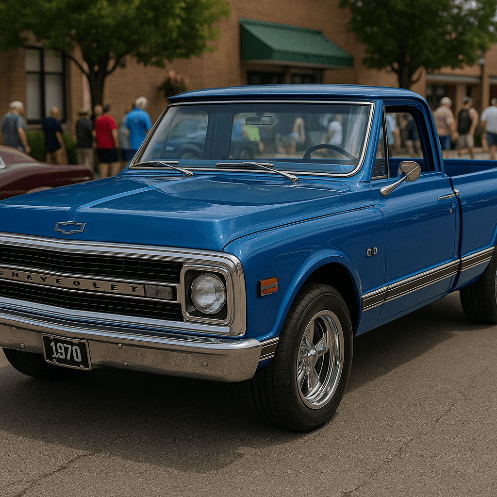 Restored blue 1970 Chevrolet C10 pickup with chrome wheels at a car show.