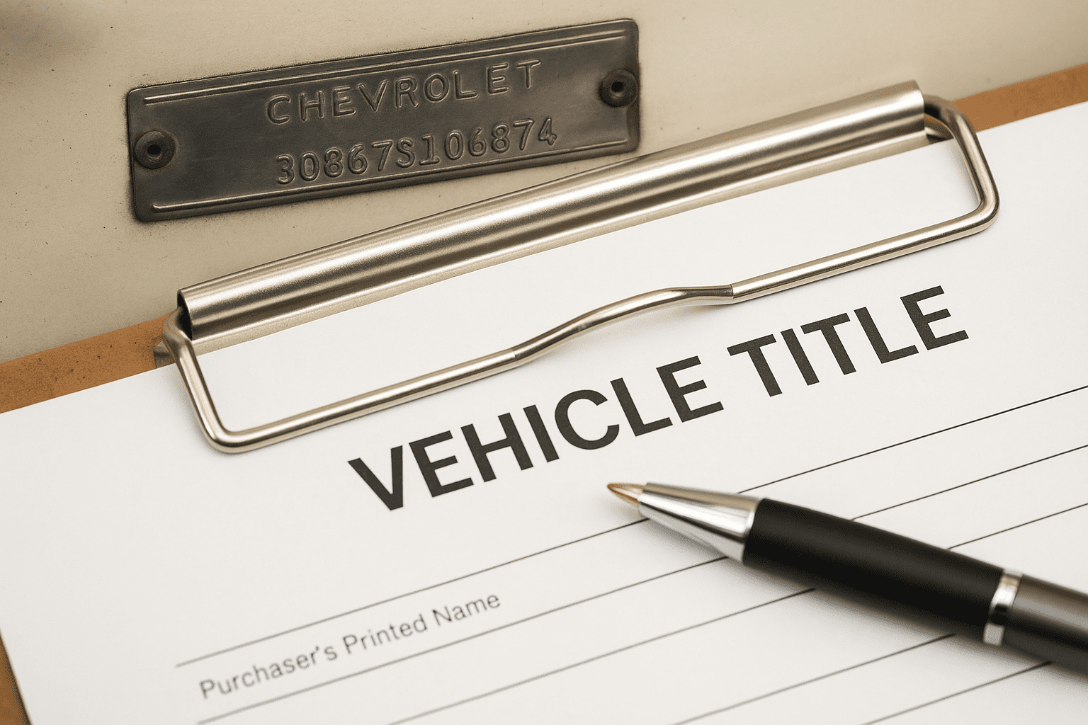 Close-up of a Chevy VIN plate with title paperwork and pen on a clipboard.
