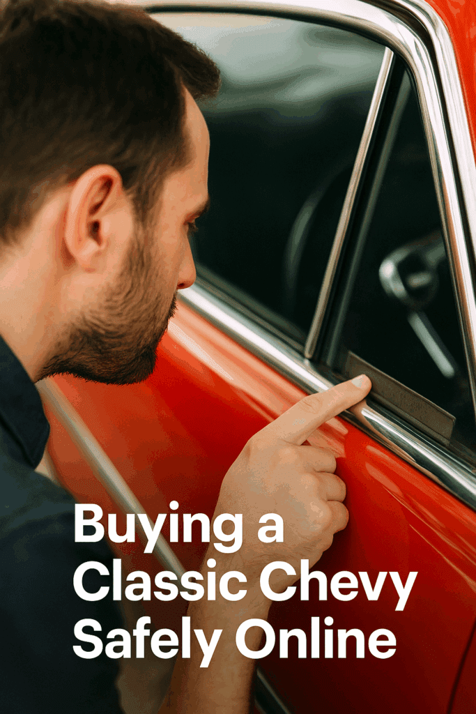 Car buyer inspecting VIN on a classic Chevy before purchase