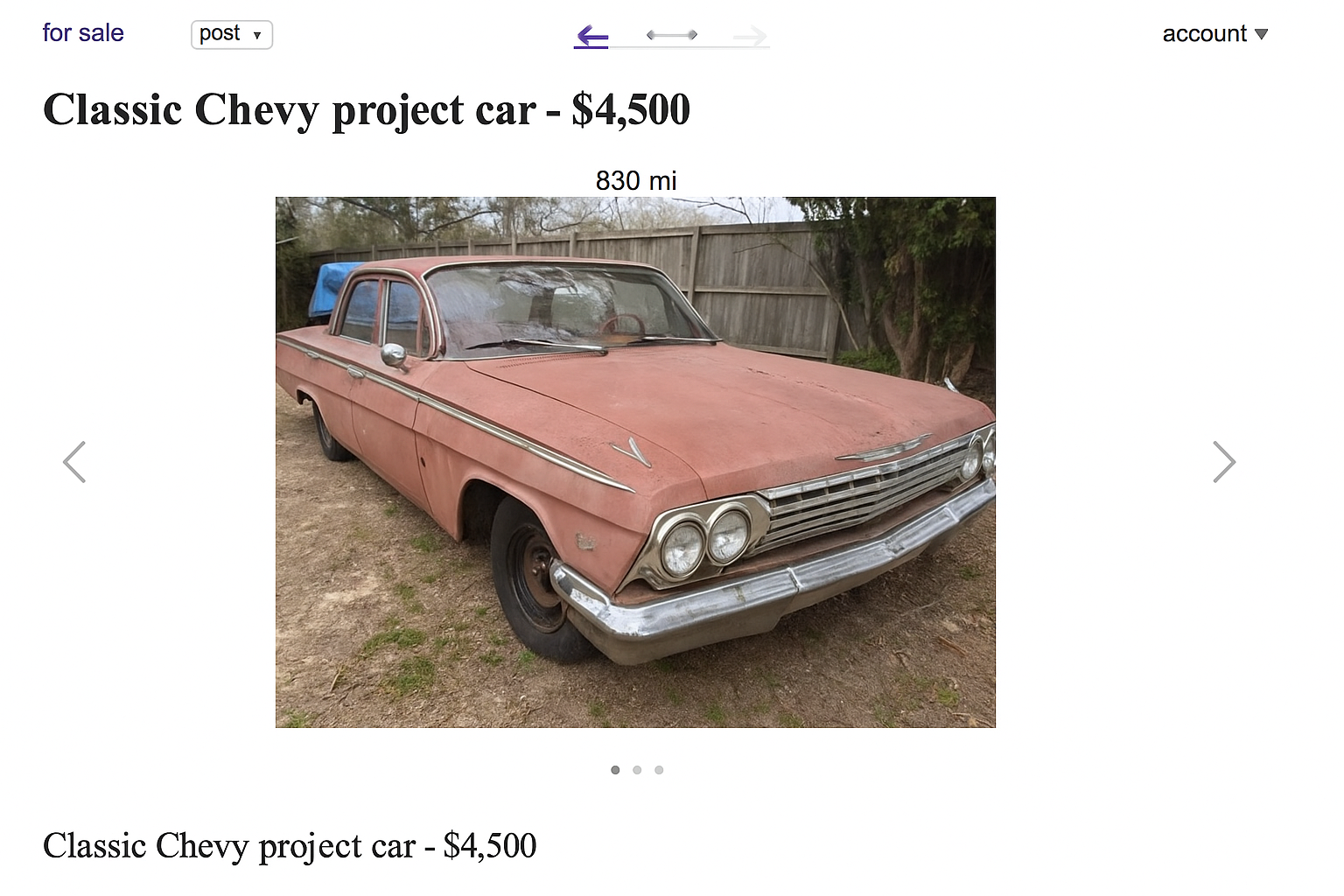 Classic Chevy project car listed on Craigslist.
