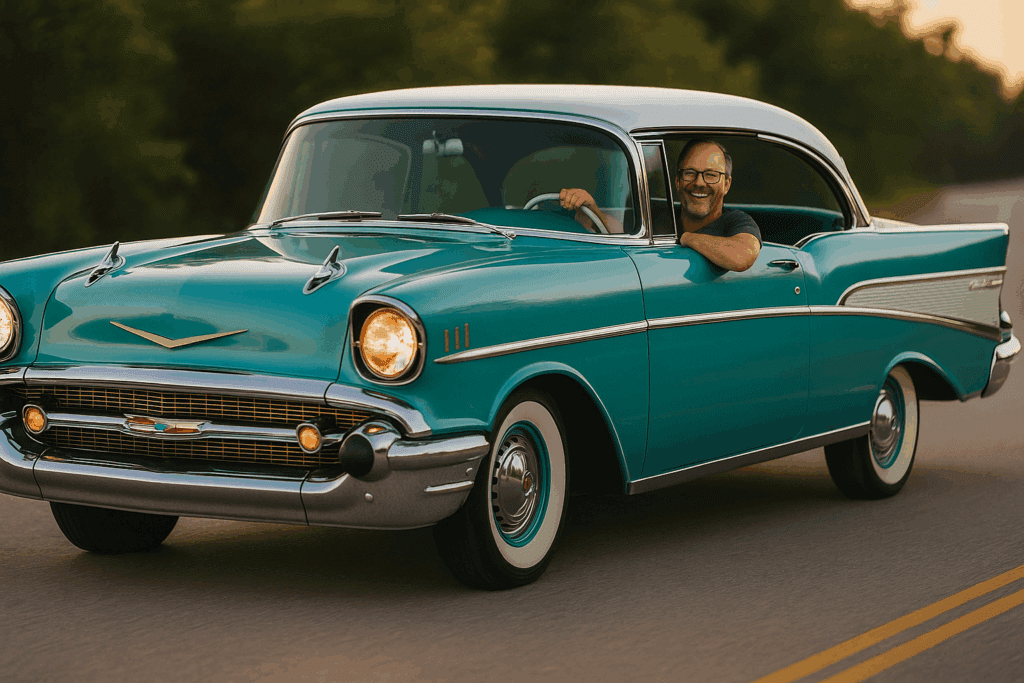 Proud owner driving a restored 1957 Chevy Bel Air.