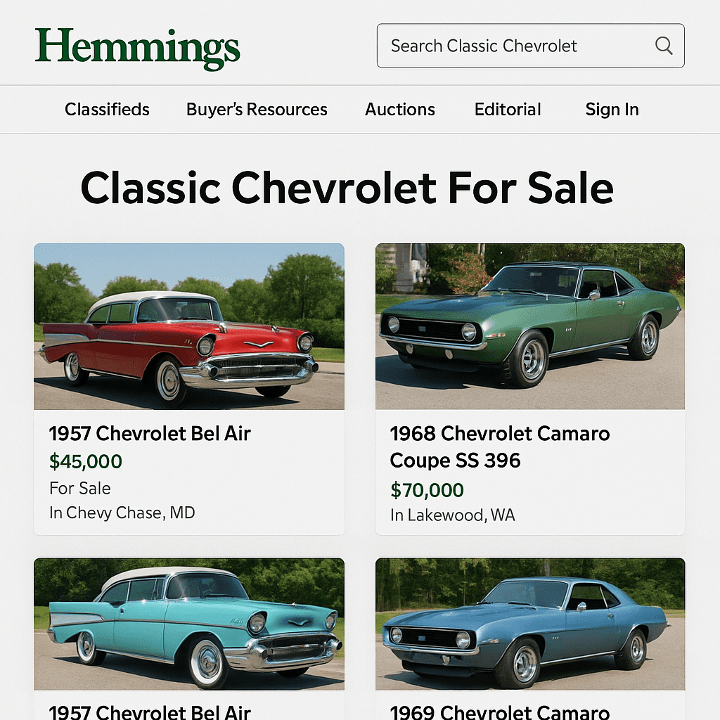 Screenshot of Hemmings website showing classic Chevy listings.