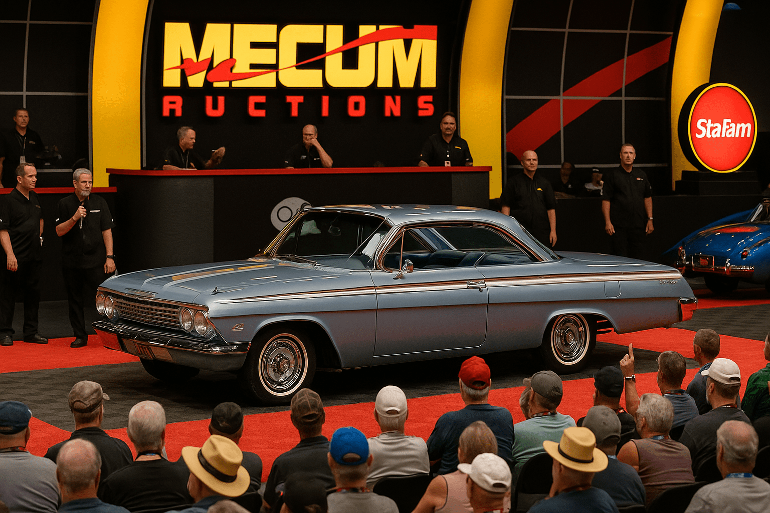 Classic Chevy investment guide on stage at a Mecum Auction with crowd bidding.