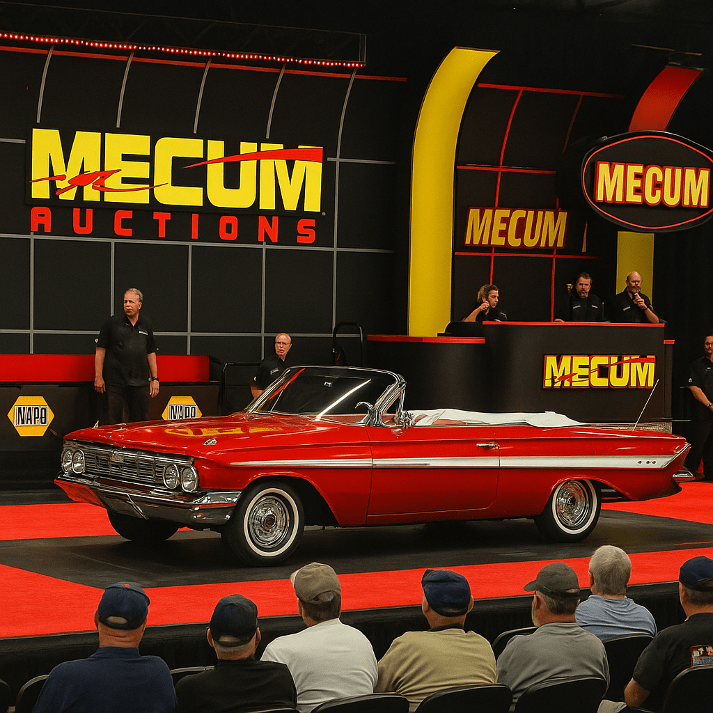 Classic Chevy convertible on display at a Mecum Auction event.
