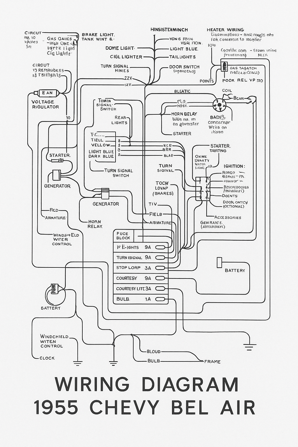 Printable high-resolution wiring diagram for the 1955 Chevy Bel Air electrical system.