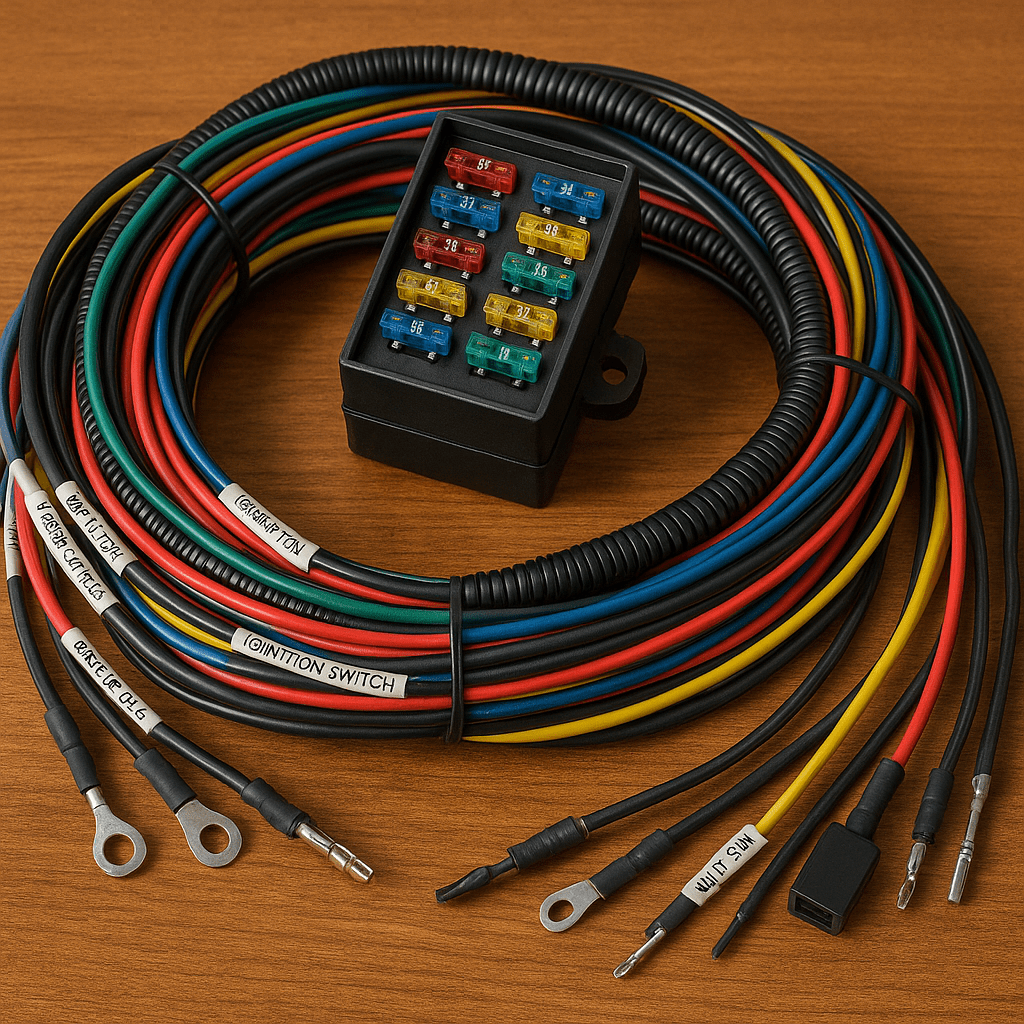 Aftermarket wiring harness kit for 1955 Chevy Bel Air with modern blade fuses.