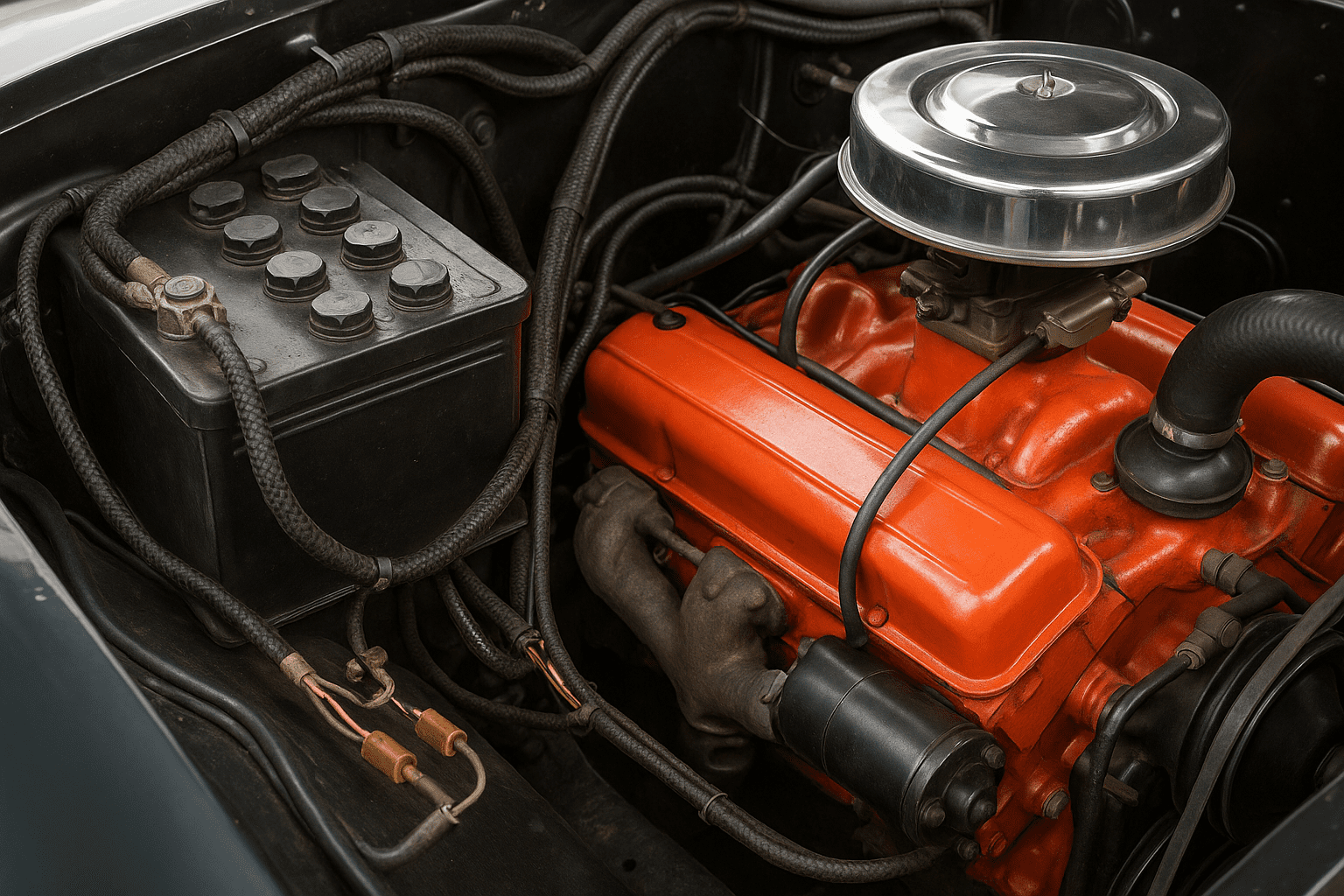 Close-up of a 1955 Chevy Bel Air engine bay showing the wiring harness routed around the battery and starter.