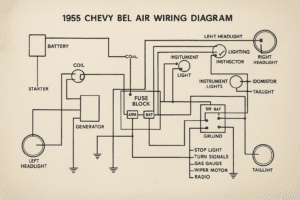 Factory 1955 Chevy Bel Air wiring diagram showing ignition, lighting, and fuse box circuits.