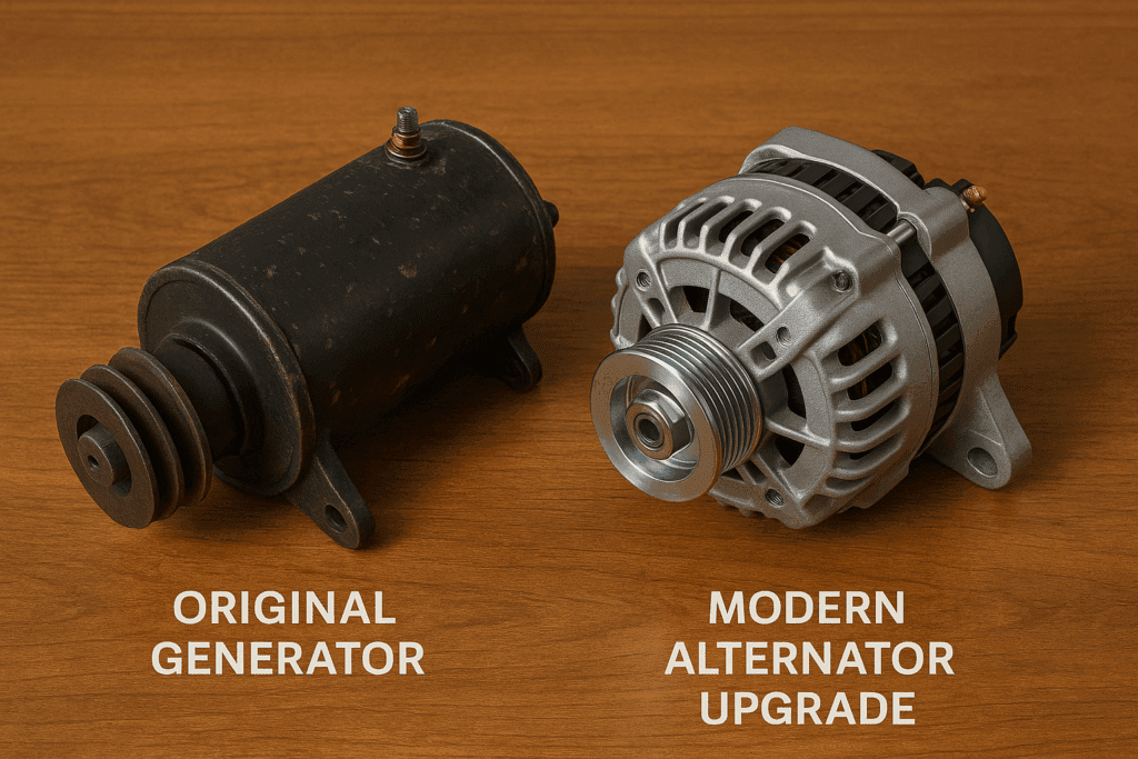 Photo comparison of original 1955 Chevy Bel Air generator and modern alternator upgrade.
