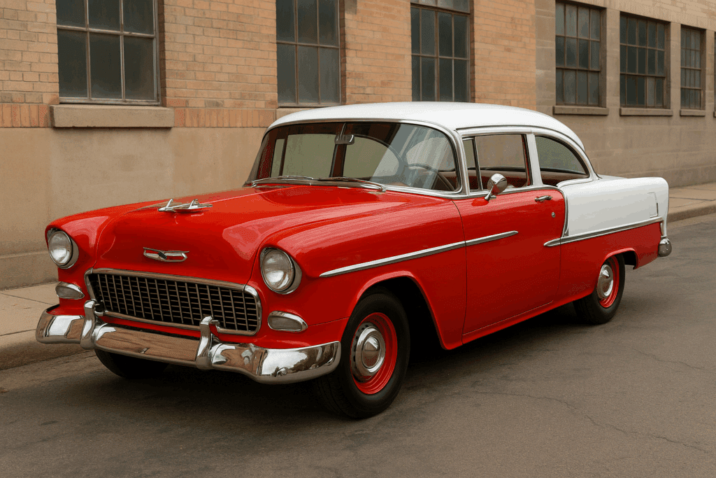 1955 Chevy Bel Air coupe with chrome grille and 265 V8 emblem.