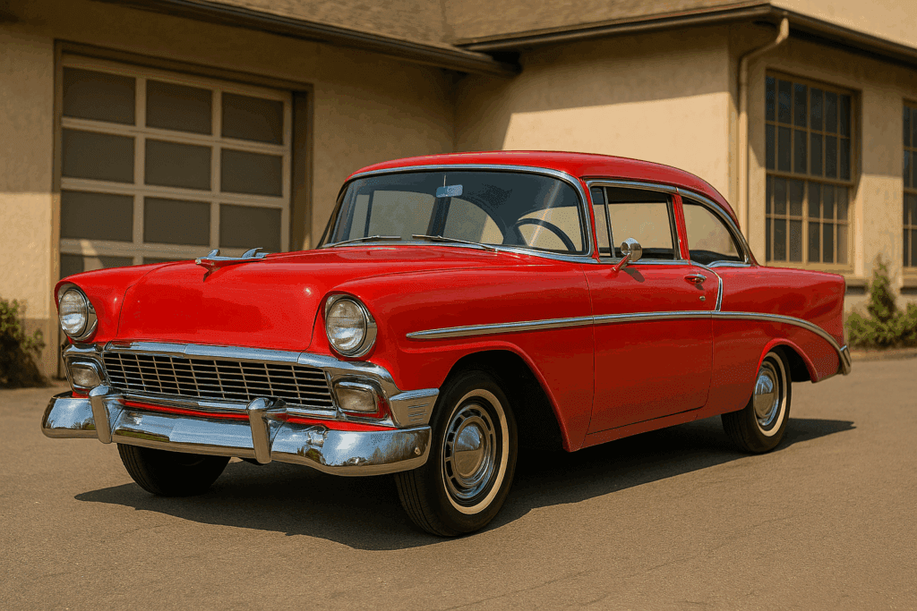 1956 Chevy Bel Air two-tone paint job with chrome side trim.