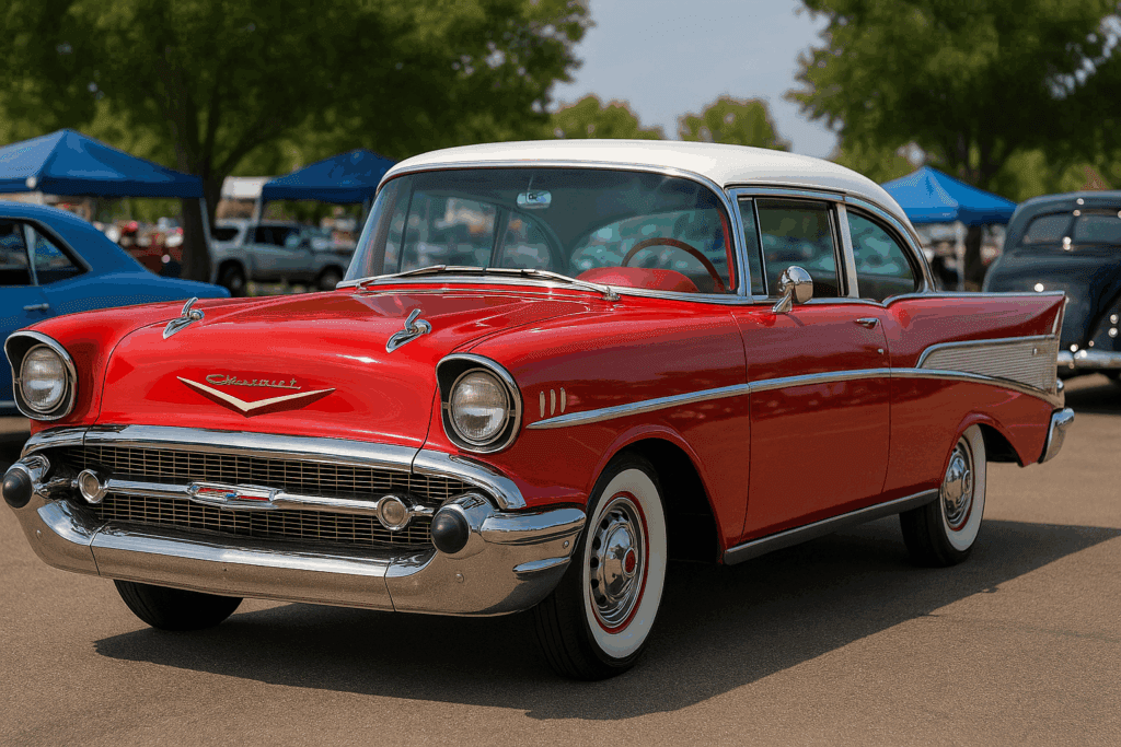 Restored red 1957 Chevy Bel Air with chrome grille and whitewall tires parked at a car show.