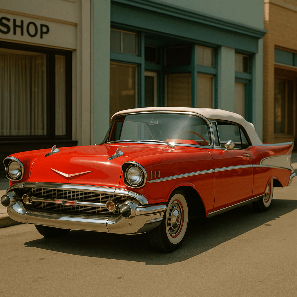 Restored red 1957 Chevy Bel Air with chrome accents on display at a collector car show.