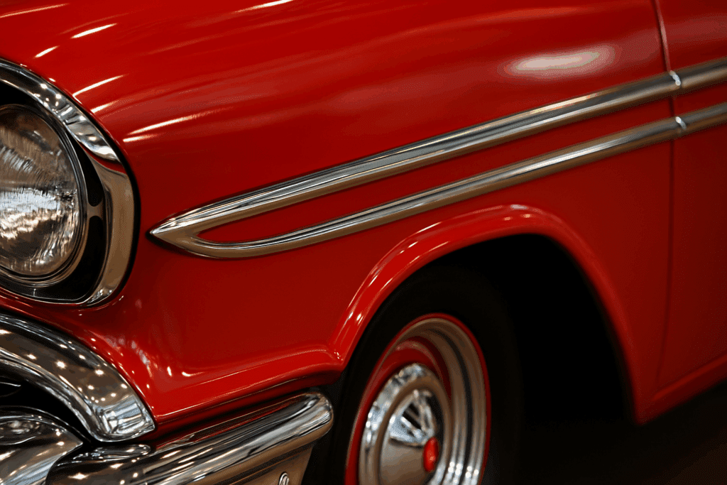 Close-up of polished Chevy Bel Air chrome trim