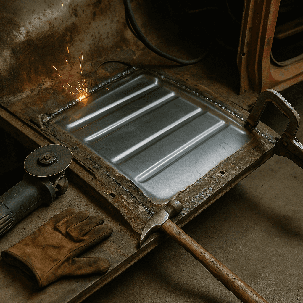 Rust repair in rocker panel area of a Tri-Five Chevy.