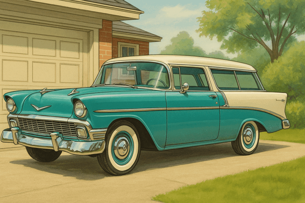 Classic 1957 American two-door station wagon with a unique sloping roofline, ribbed tailgate trim, turquoise-and-white paint, and chrome accents, parked in a vintage suburban driveway.