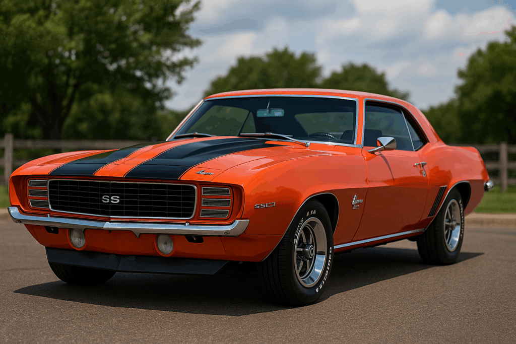 Orange 1969 Chevrolet Camaro RS/SS with black rally stripes parked outdoors.