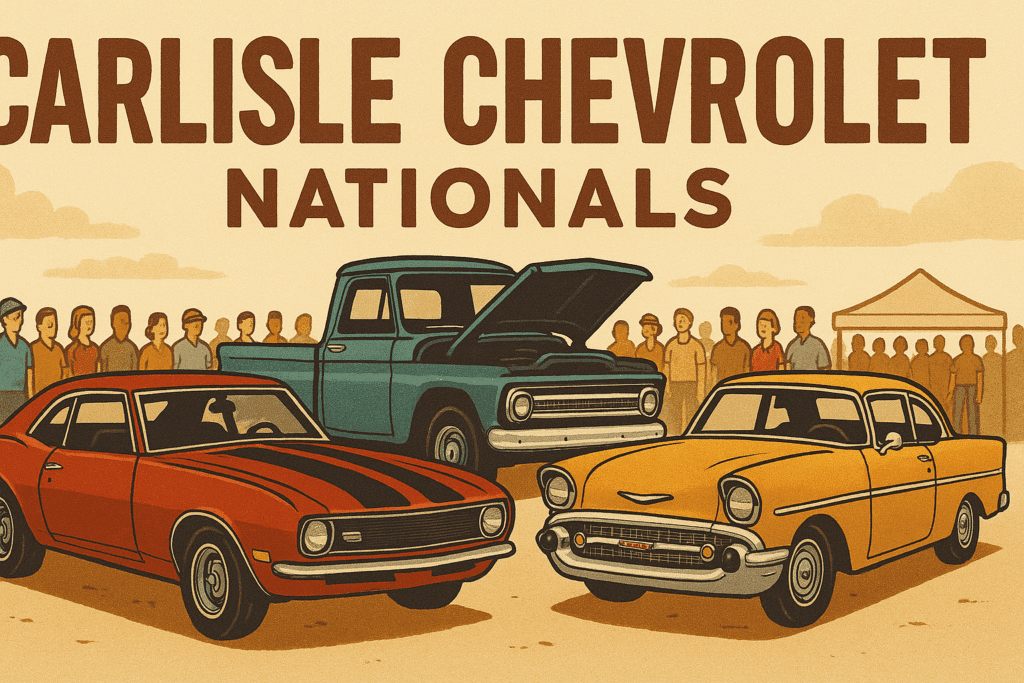 Rows of restored Chevys at the Carlisle Chevrolet Nationals swap meet and car show.