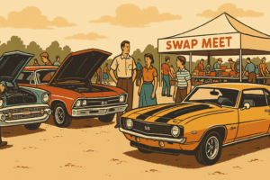 Classic Chevy cars lined up at a U.S. car show with spectators walking through rows of vintage Chevys.