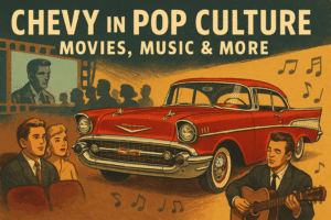 Vintage illustration of a red 1957 Chevy Bel Air in pop culture theme, with movie theater audience and guitar player, representing Chevy in movies, music, and American culture.