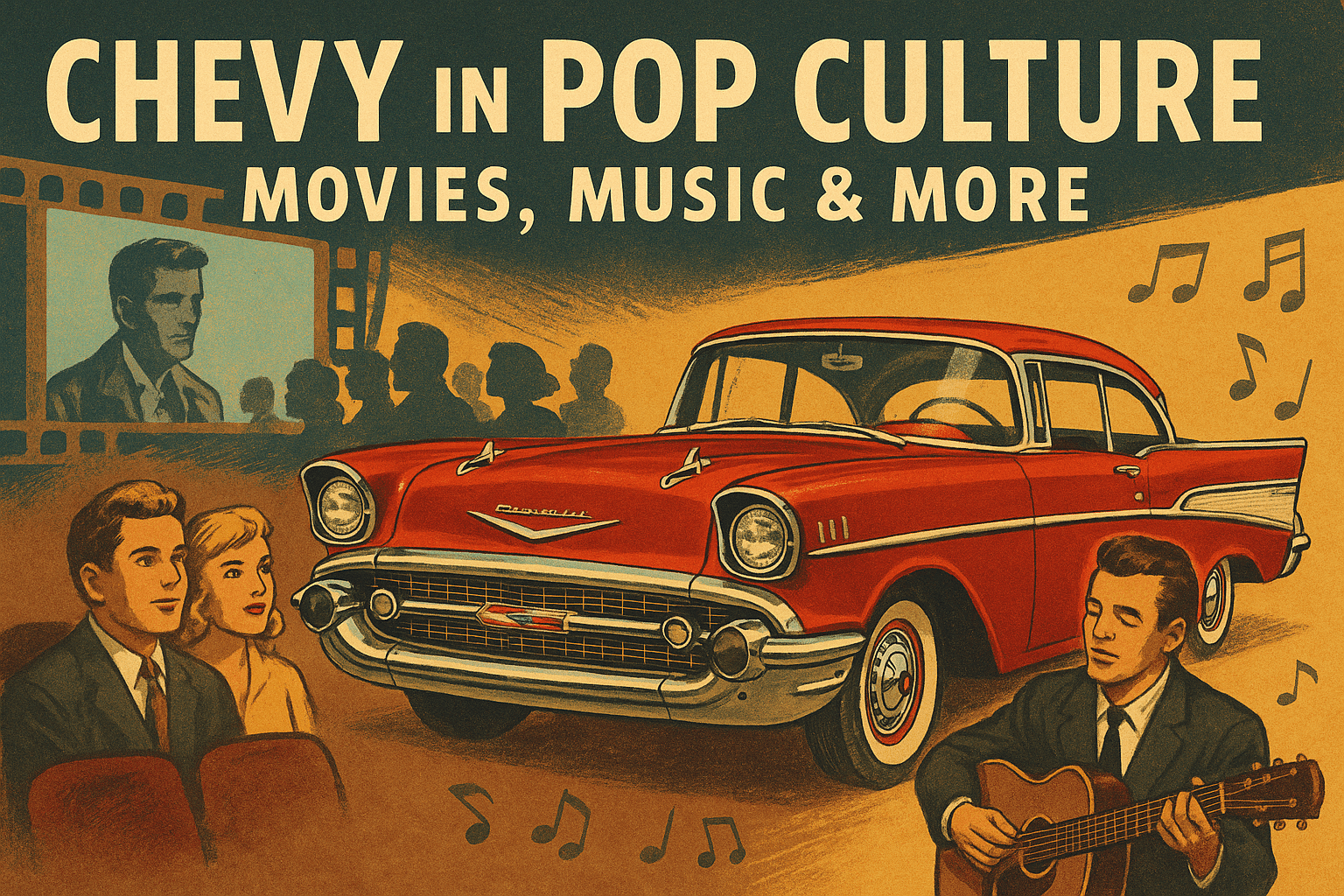 Vintage illustration of a red 1957 Chevy Bel Air in pop culture theme, with movie theater audience and guitar player, representing Chevy in movies, music, and American culture.