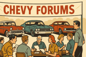 Retro illustration of Chevy collectors meeting under a banner reading Chevy Forums, with Bel Air, Chevelle SS, and Camaro in the background.
