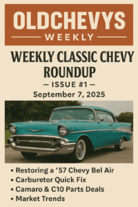 Vintage-style featured image for OldChevys Weekly Issue #1. Retro cream background with bold heading ‘Weekly Classic Chevy Roundup – Issue #1 – September 7, 2025’. Includes a teal 1957 Chevy Bel Air photo below the title, with bullet points highlighting restoration tips, carburetor quick fix, Camaro and C10 parts deals, and market trends.
