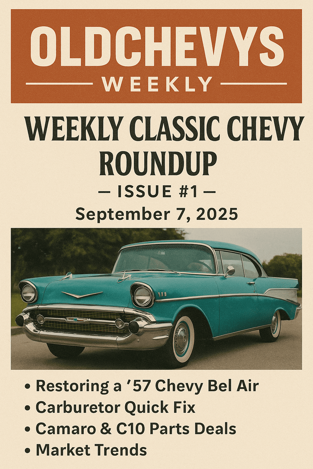 Vintage-style featured image for OldChevys Weekly Issue #1. Retro cream background with bold heading ‘Weekly Classic Chevy Roundup – Issue #1 – September 7, 2025’. Includes a teal 1957 Chevy Bel Air photo below the title, with bullet points highlighting restoration tips, carburetor quick fix, Camaro and C10 parts deals, and market trends.