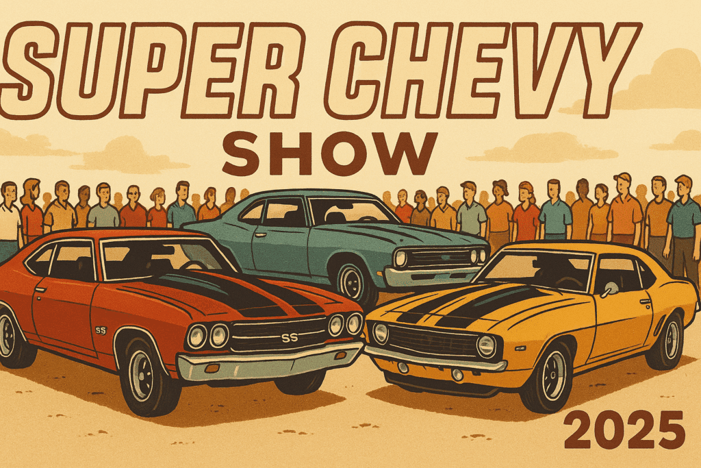 Super Chevy Show 2025 featuring classic Camaros, Chevelles, and Corvettes on display.