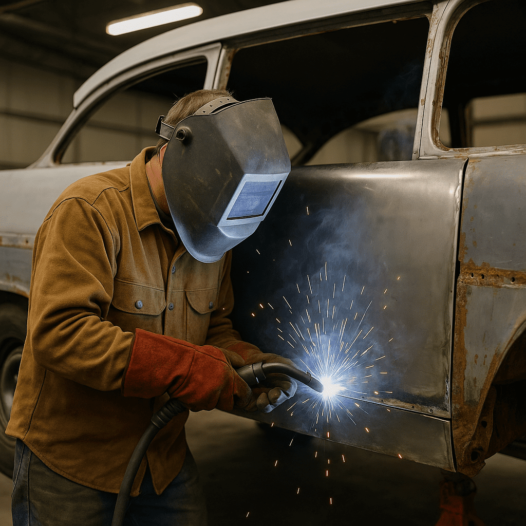 Mechanic welding replacement panels onto a classic Chevy during bodywork stage.