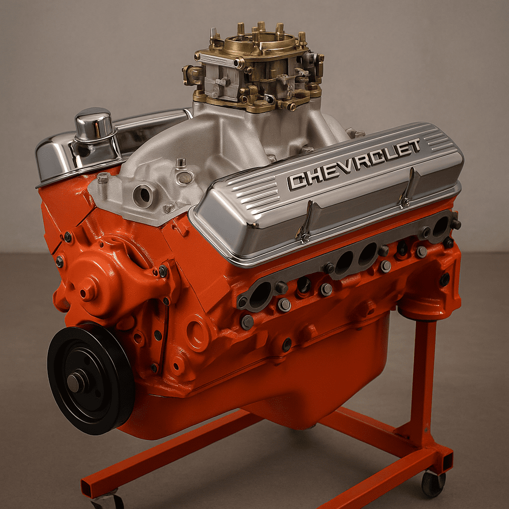 Rebuilt small-block Chevy V8 engine on an engine stand.