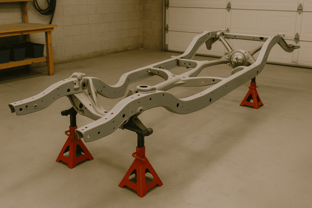 Sandblasted Chevy frame on jack stands during restoration process.