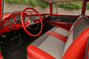 Restored interior of a 1957 Chevy Bel Air with two-tone upholstery and chrome dash.