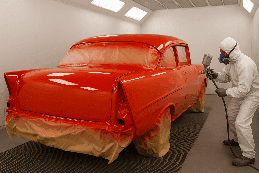 Restored Chevy body in a paint booth receiving fresh red paint.