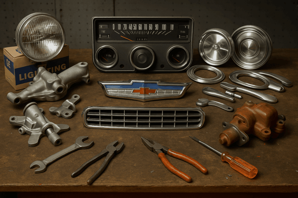 Collection of reproduction Chevy parts and restoration tools on a workshop bench.