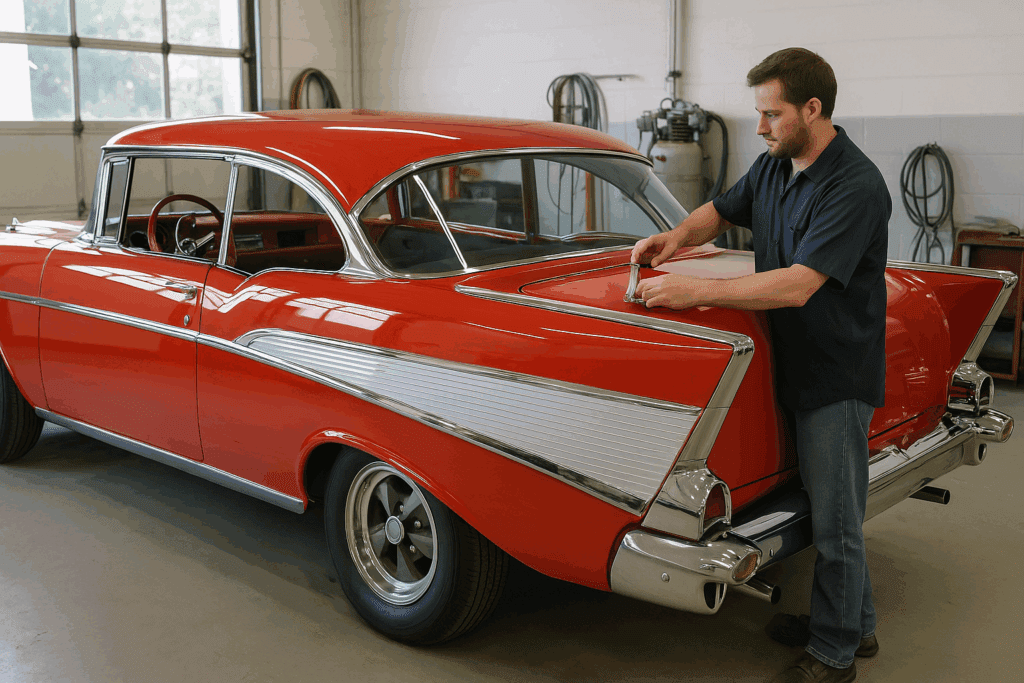 Classic Chevy being reassembled with chrome trim and glass installed.