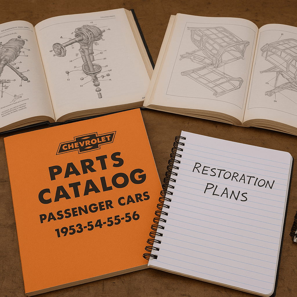 Classic Chevy restoration plans, notebooks, and parts catalog spread out on a workbench.