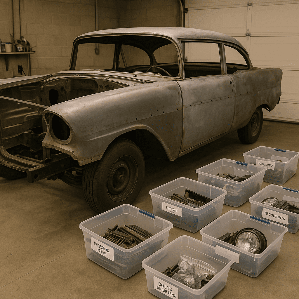 Classic Chevy stripped down in a garage with labeled parts and bins organized.