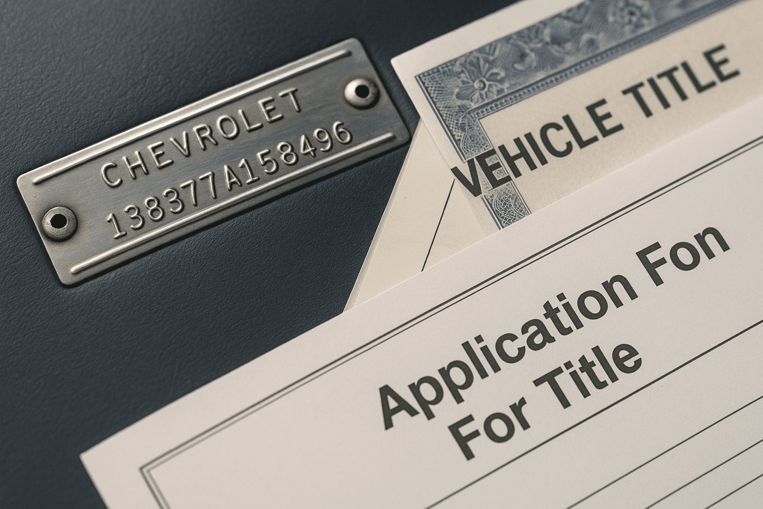 Close-up of Chevy VIN plate and vehicle title paperwork during classic car purchase.
