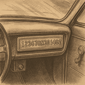 Close-up of a classic Chevy VIN tag located on the driver’s side dashboard