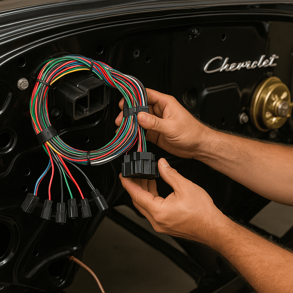 New wiring harness installed in a classic Chevy firewall during restoration.