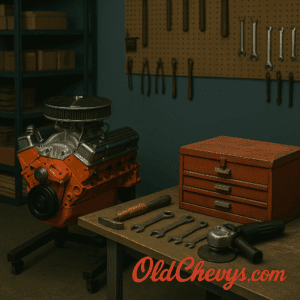 Classic Chevy small block V8 engine on a stand in a workshop, with wrenches, hammer, grinder, and red toolbox on a wooden workbench. Overlay text reads “Best Tools for Classic Chevy Restoration Projects.