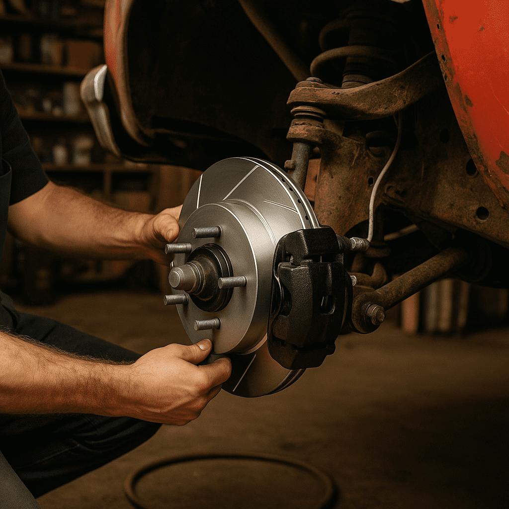 Front disc brake conversion on a Tri-Five Chevy.