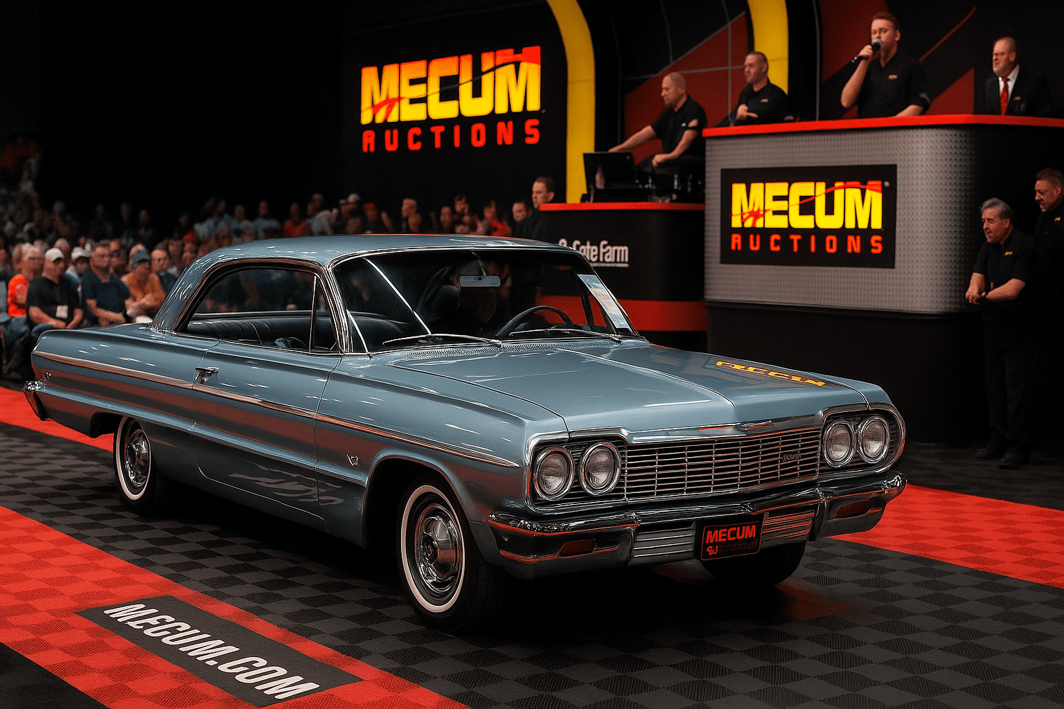 Classic Chevys buyers guide Impala on stage at a Mecum Auction event with crowd bidding.