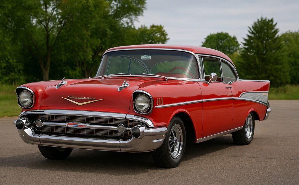 Restored 1957 Chevy Bel Air in red with chrome trim, parked outdoors after a full restoration.