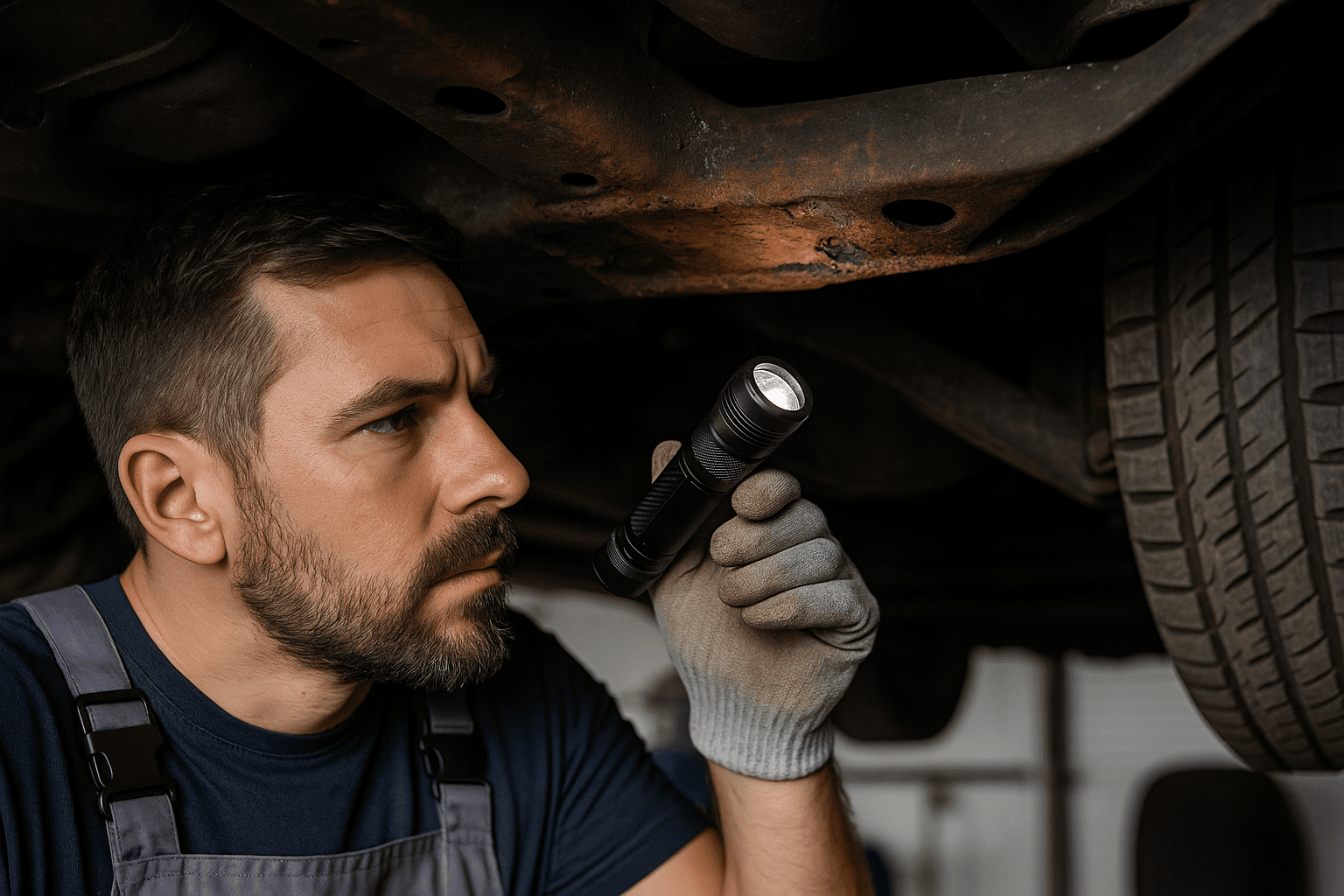Mechanic inspecting rust on the underside of a classic Chevy using a flashlight.