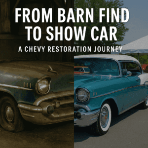 Two 57 Chevy's sitting in front of a barn, one restored and one not.